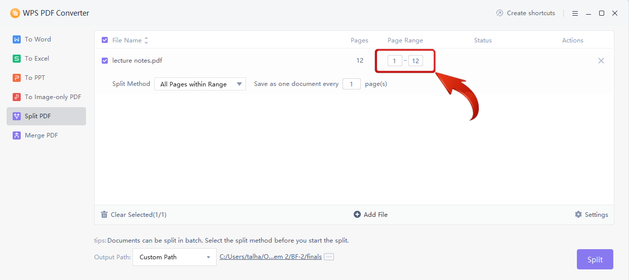 Set Page Range for PDF Split