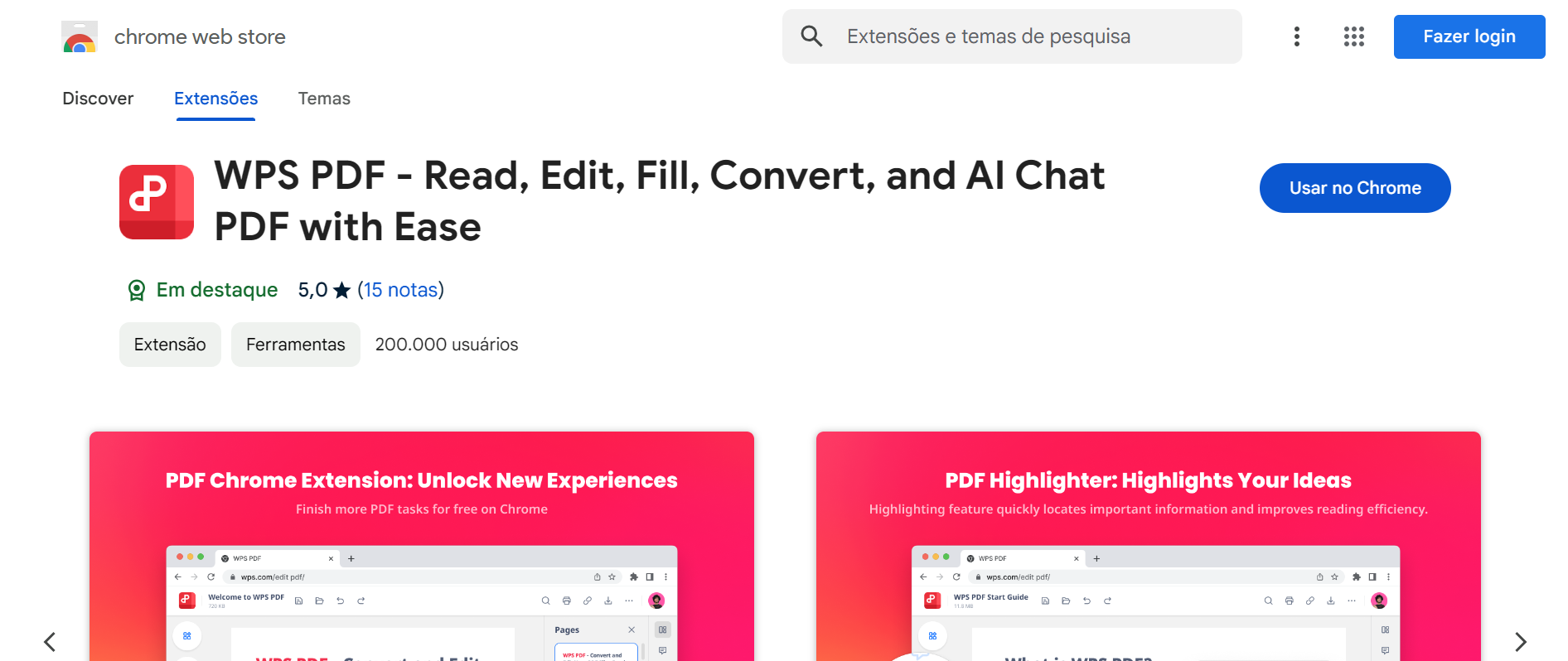 página de instalação da extensão do WPS para Chrome