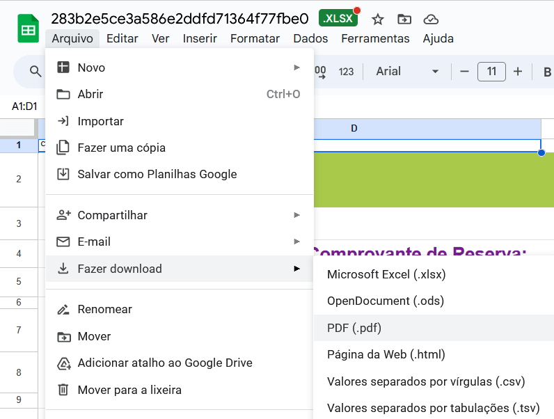 download de excel em PDF no google