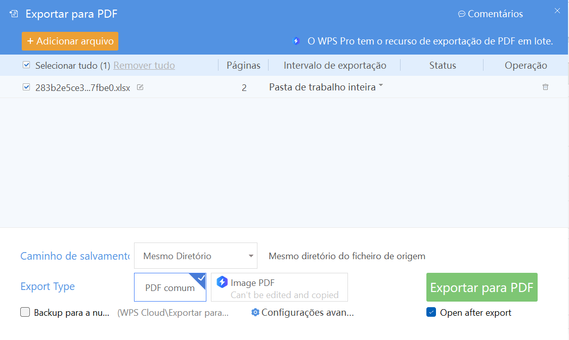 configurações de conversão no WPS Office