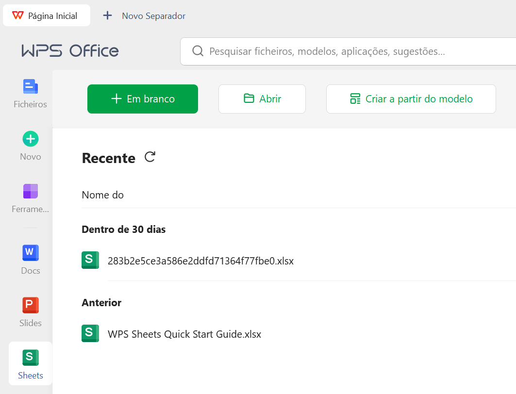 abrindo uma planilha no WPS Office