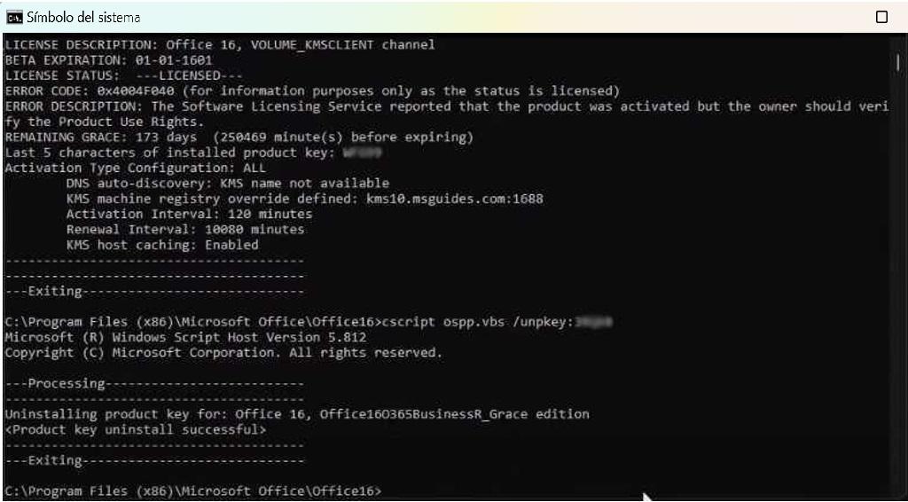 Símbolo del sistema - Office 365 desinstalado correctamente