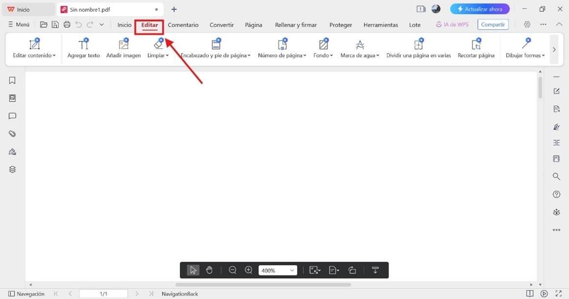 Pestaña Editar PDF de WPS