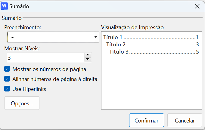 configurações de sumário no WPS Office