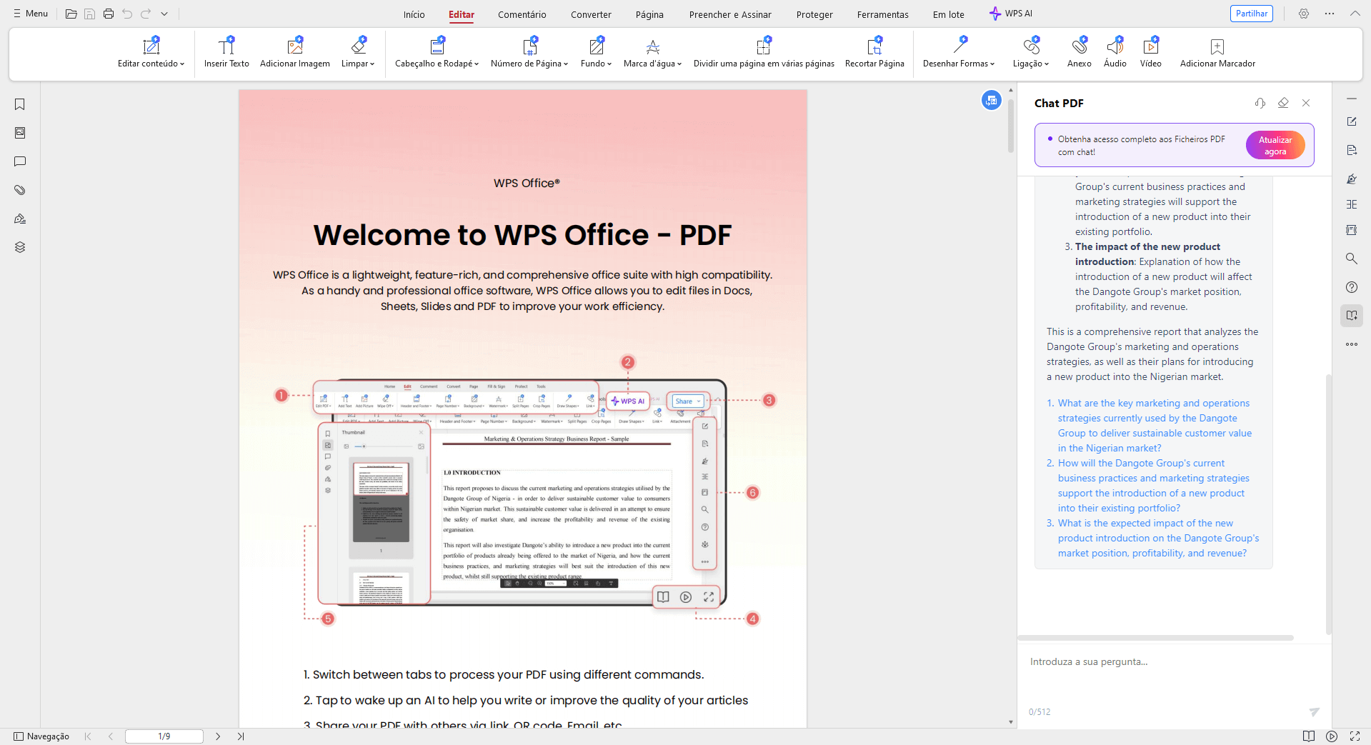 WPS PDF Chat fornecendo insights sobre um documento traduzido