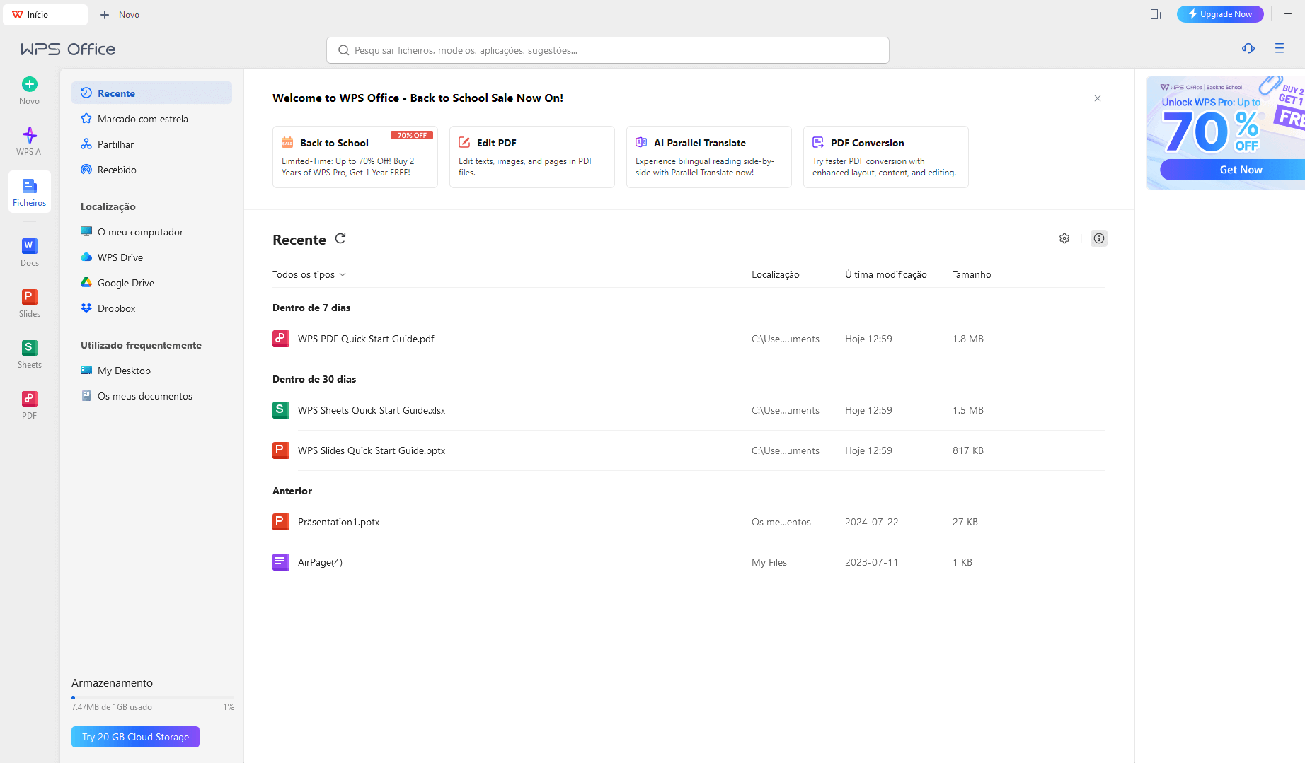 Interface do WPS Office