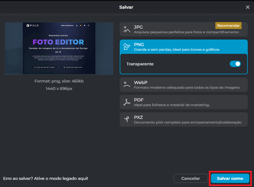 Selecionar formato de arquivo para salvar a imagem editada