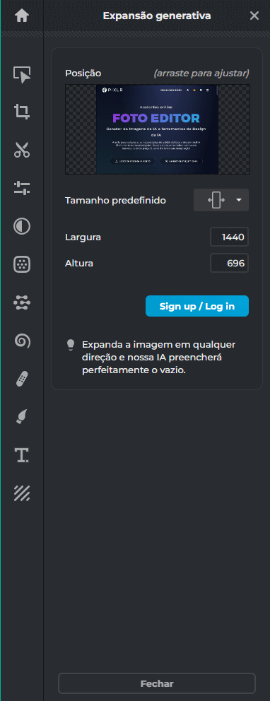Configurações da Expansão Generativa do Pixlr