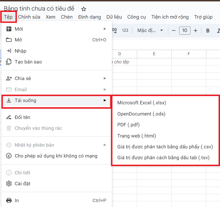 Tải Worksheet từ Sheets ở các định dạng tệp khác nhau