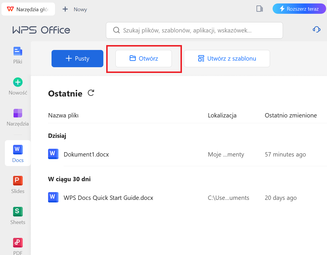 Opcje plików w WPS Office