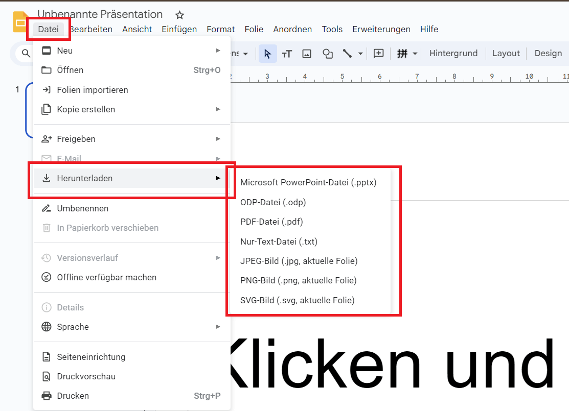 Download-Formatoptionen in Google Slides