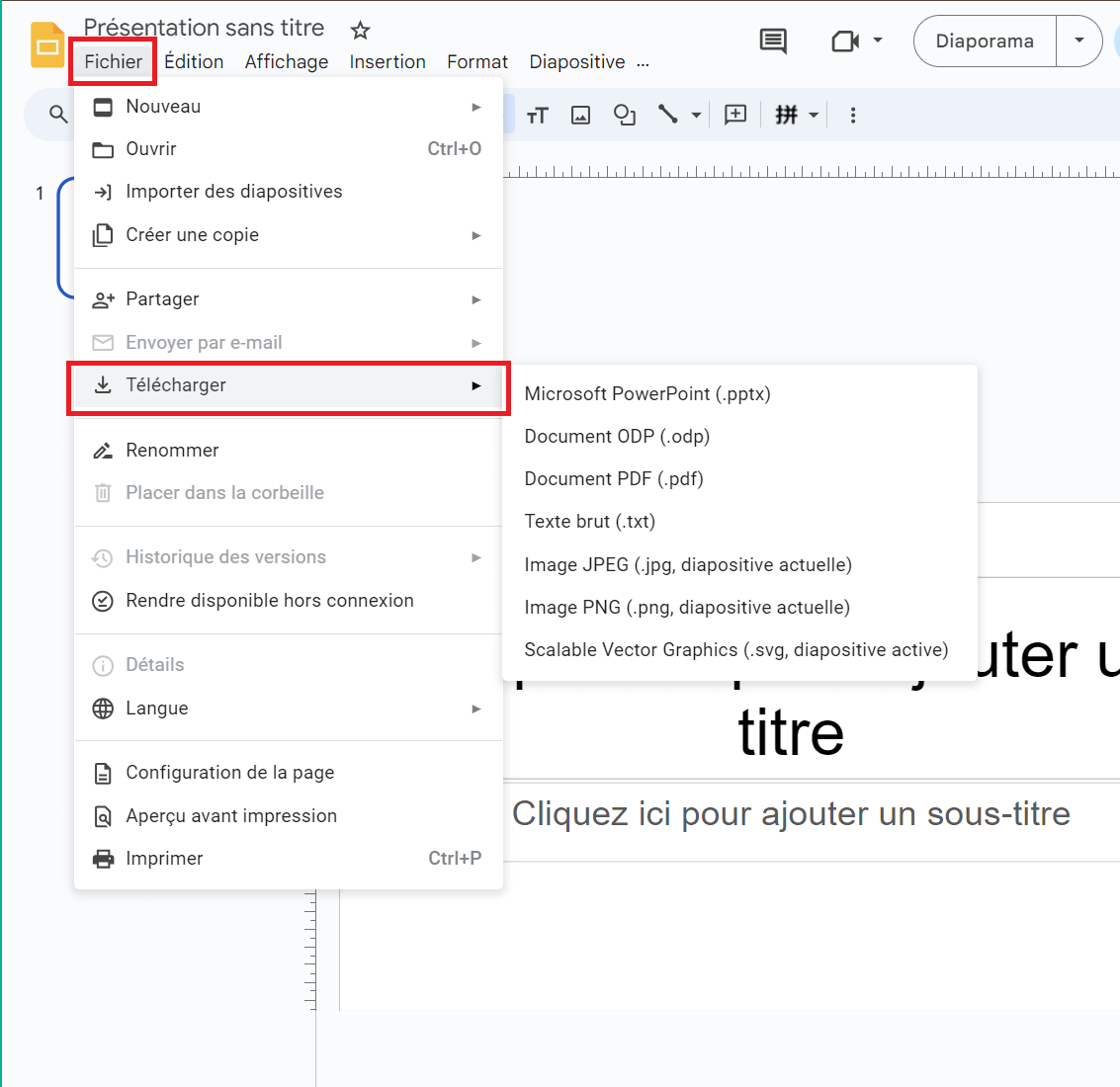 Options de format de téléchargement dans Google Slides