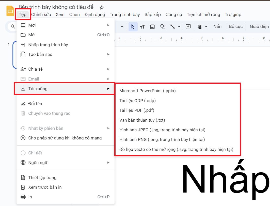 Các tùy chọn định dạng tải xuống trong Google Slides