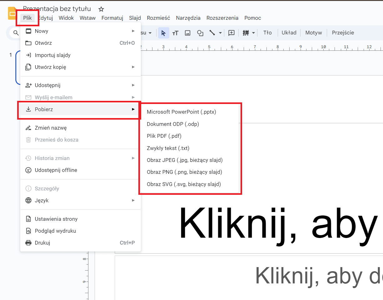 Opcje formatowania pobierania w Google Slides