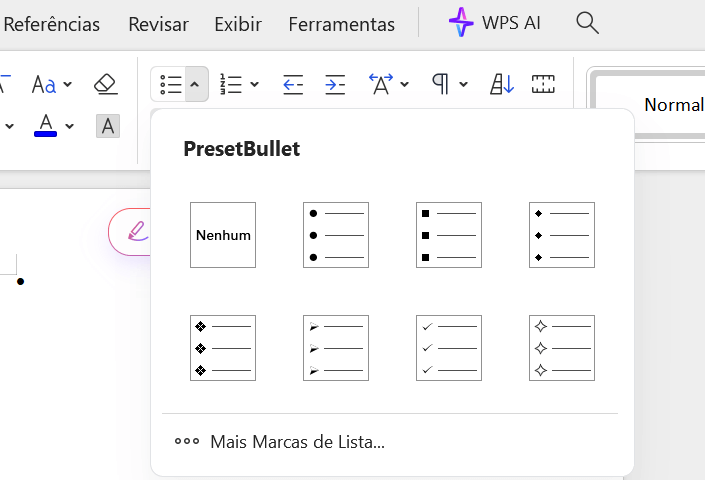 ferramentas de listas do WPS
