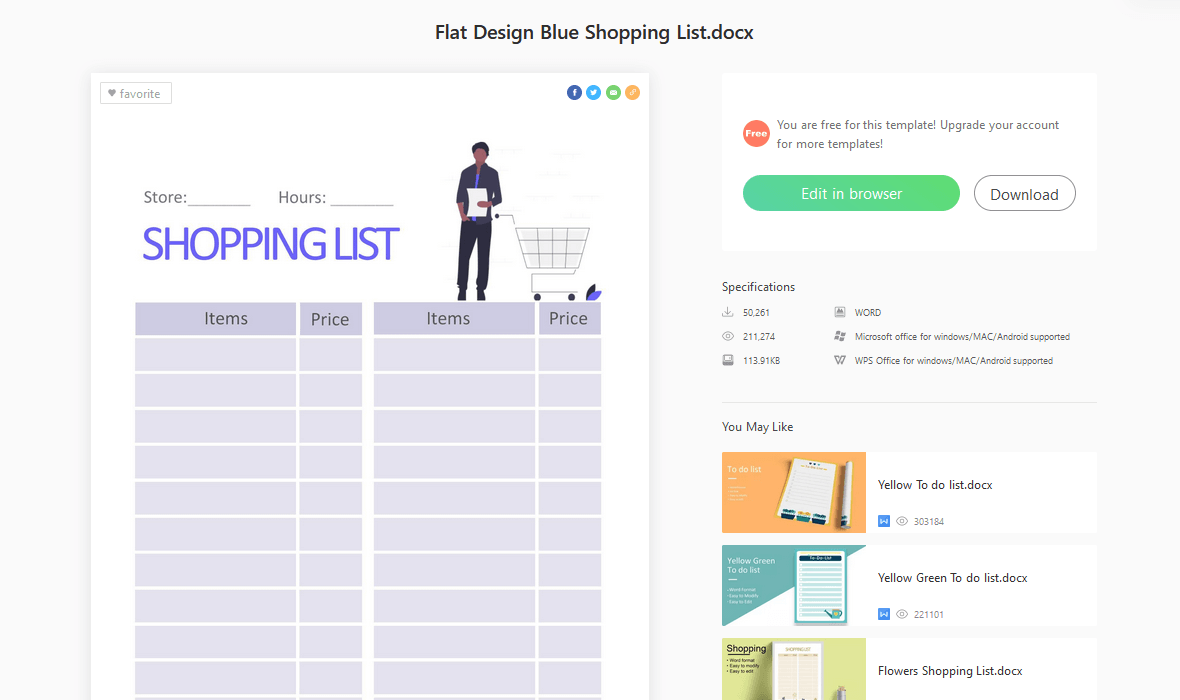 página de um modelo de lista de compras no WPS