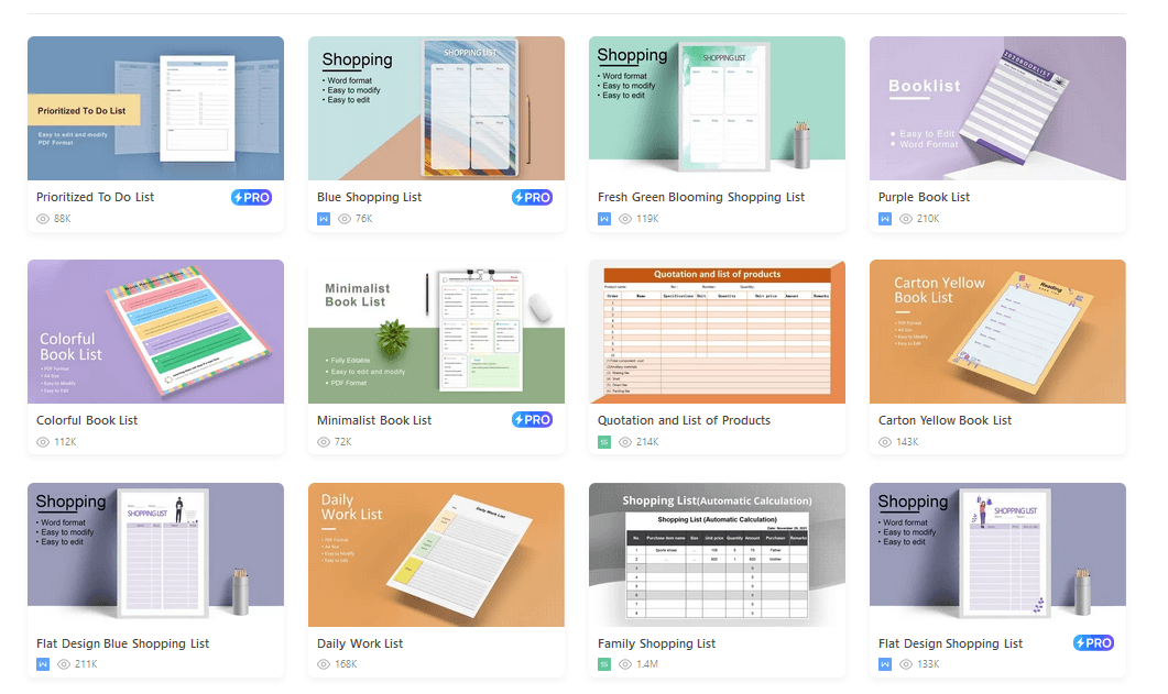 biblioteca de modelos de listas do WPS