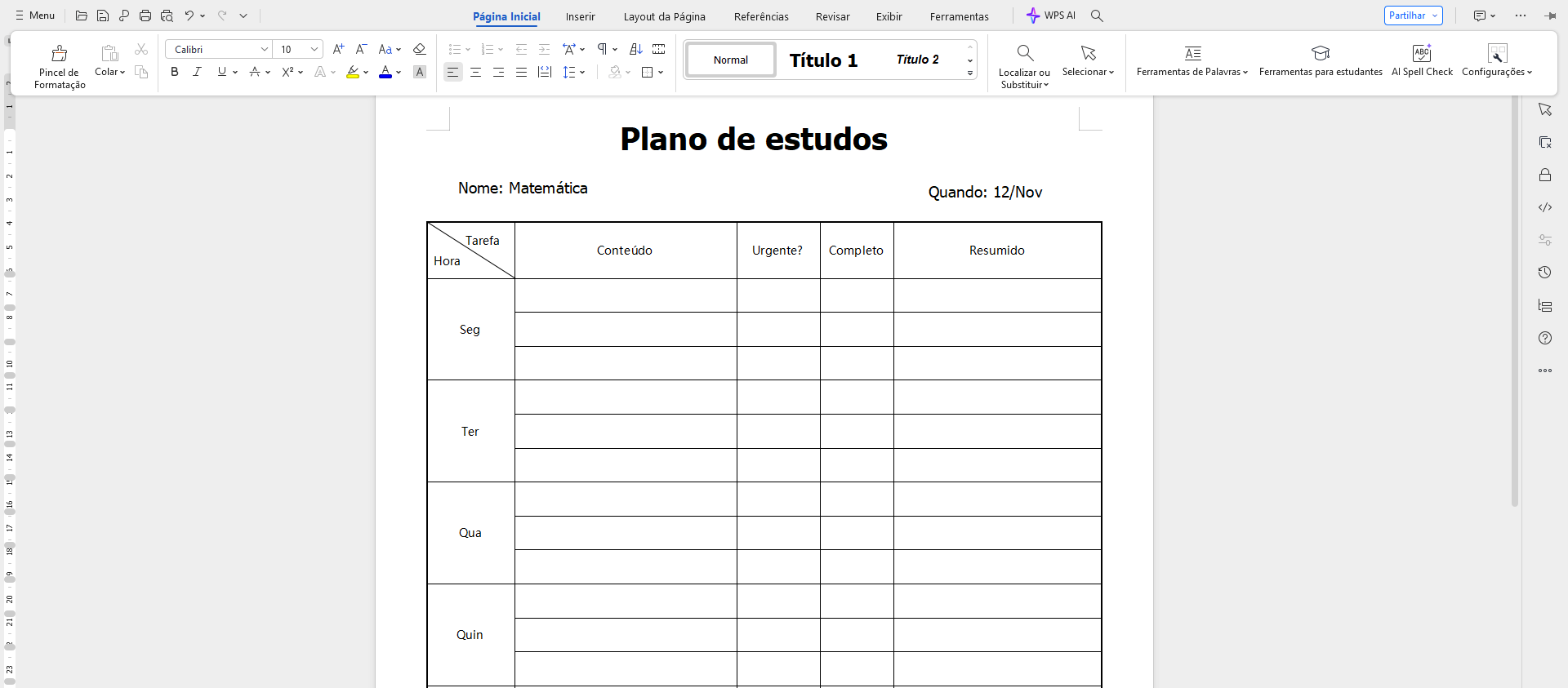 editando seu modelo de cronograma de estudos