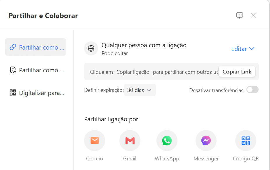 configurações de compartilhamento do WPS Office