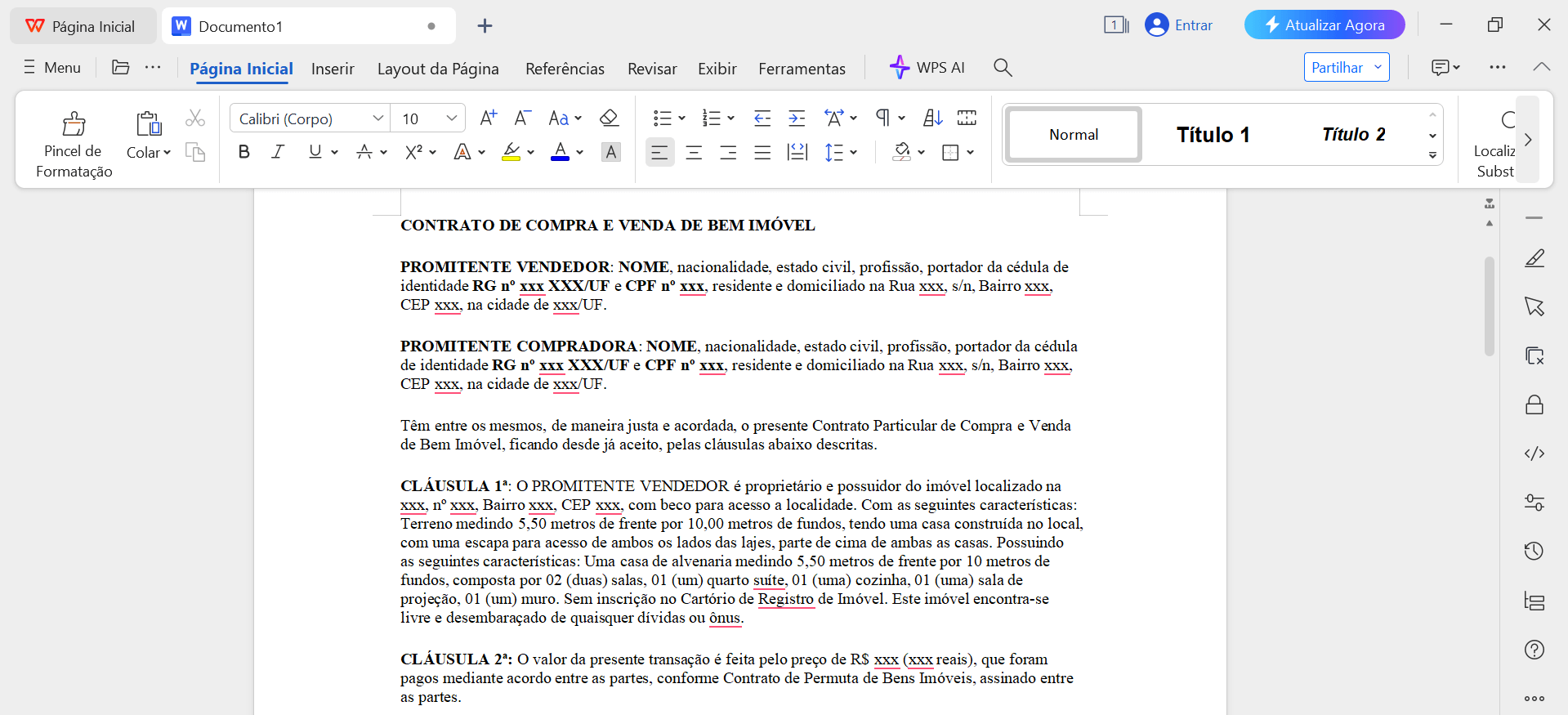 contrato no editor de textos do WPS Office