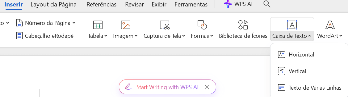 botão de caixa de texto no WPS