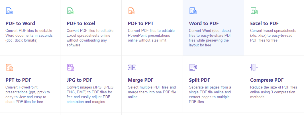 opções de conversões de PDF