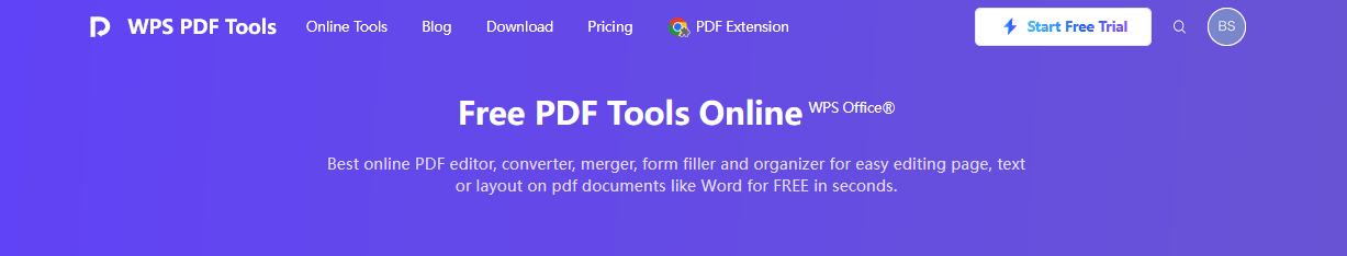 página de ferramentas de PDF do WPS