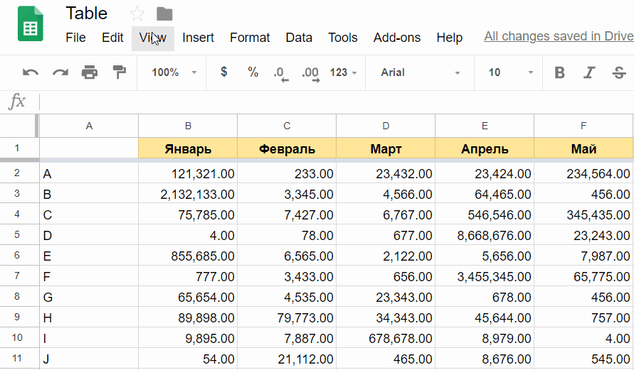 Пример использования Google Sheets