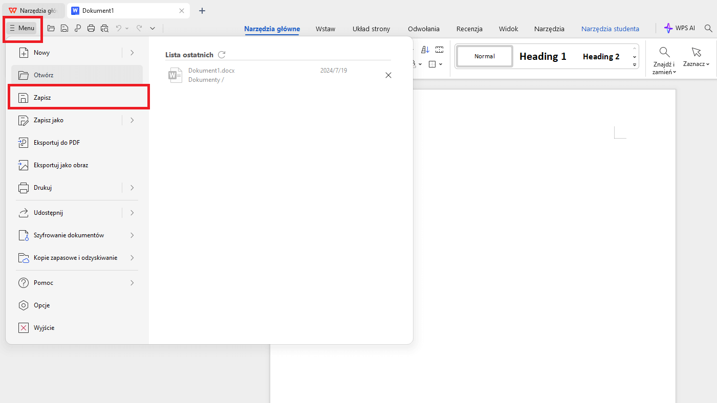 WPS Office zapisuje plik