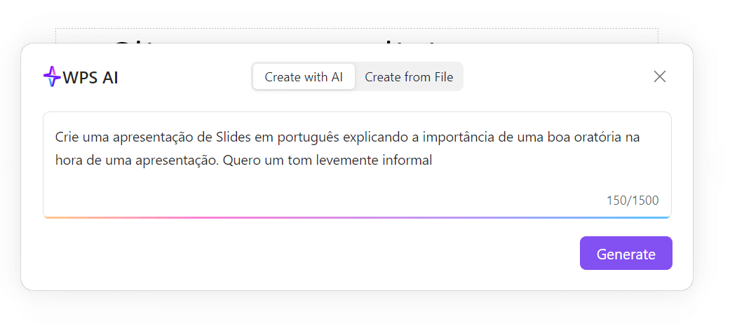 tela de comando da IA do WPS