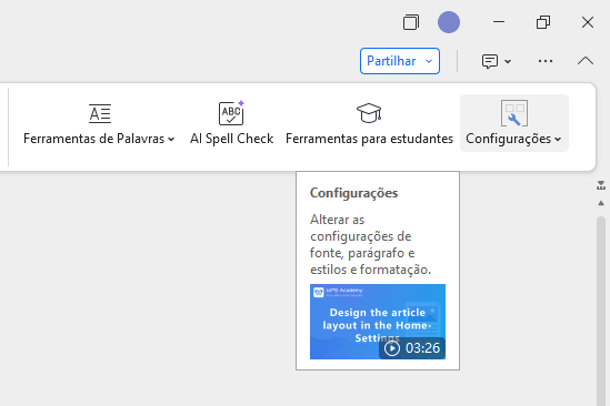 Configurações do texto