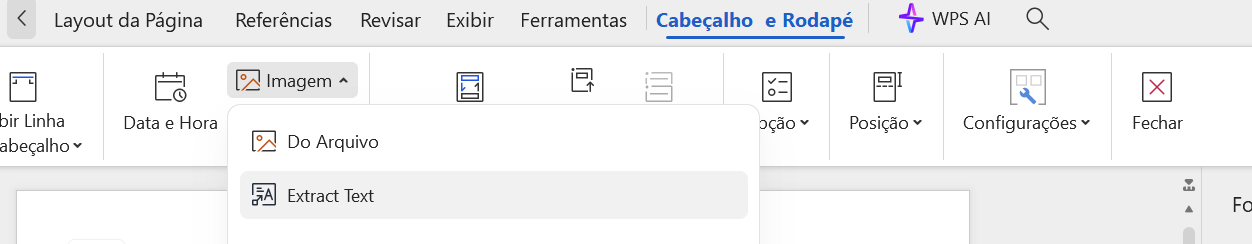menu de cabeçalho e rodapé no WPS Office