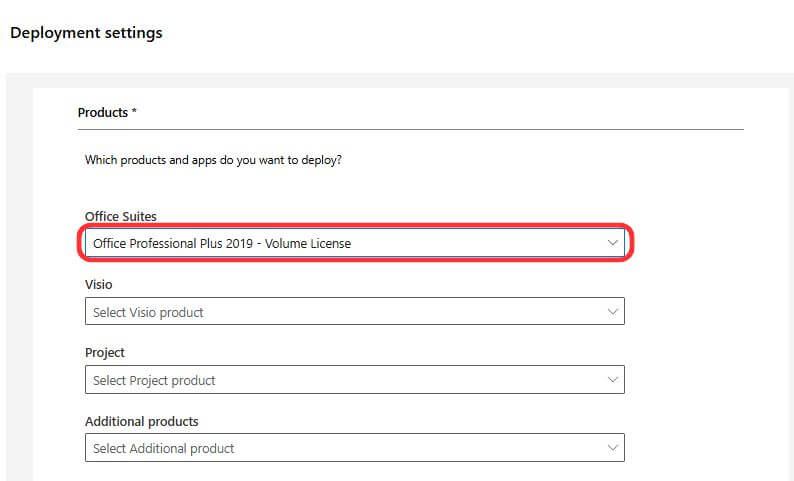 Chọn Office Professional Plus 2019 trong cài đặt triển khai