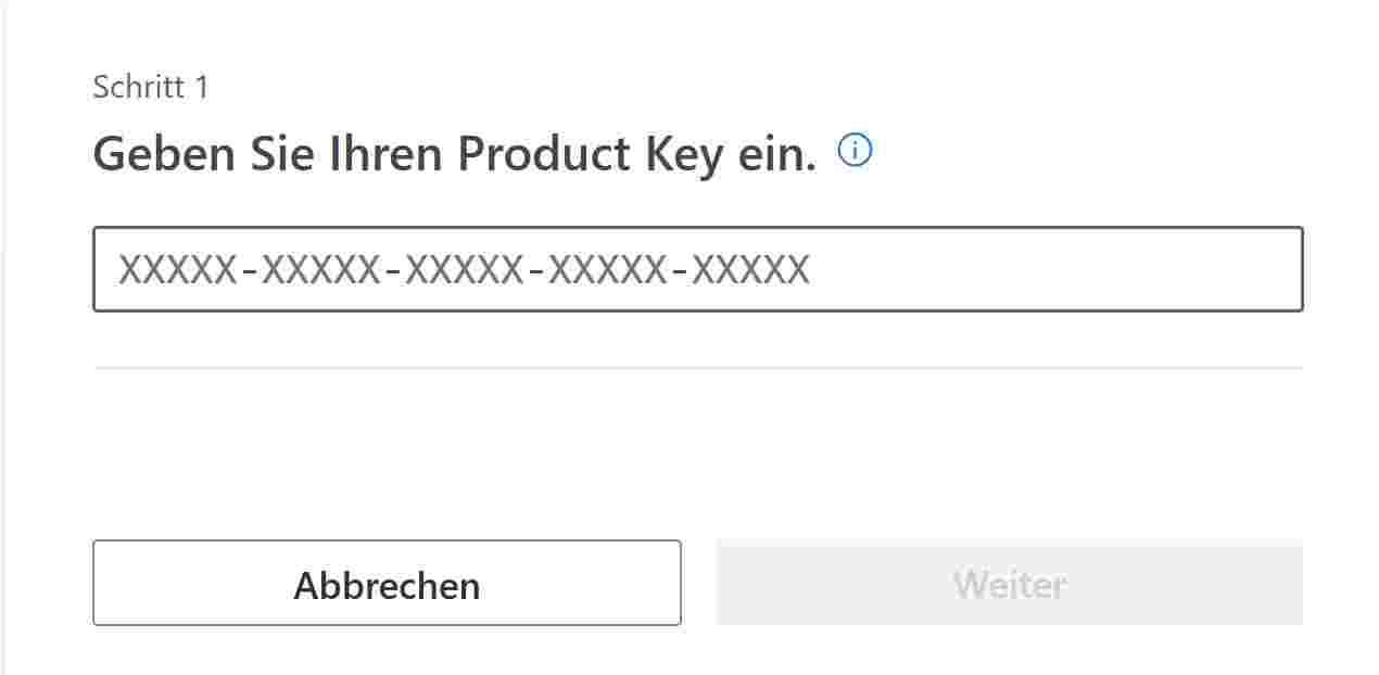 Fenster mit Product Key eingeben