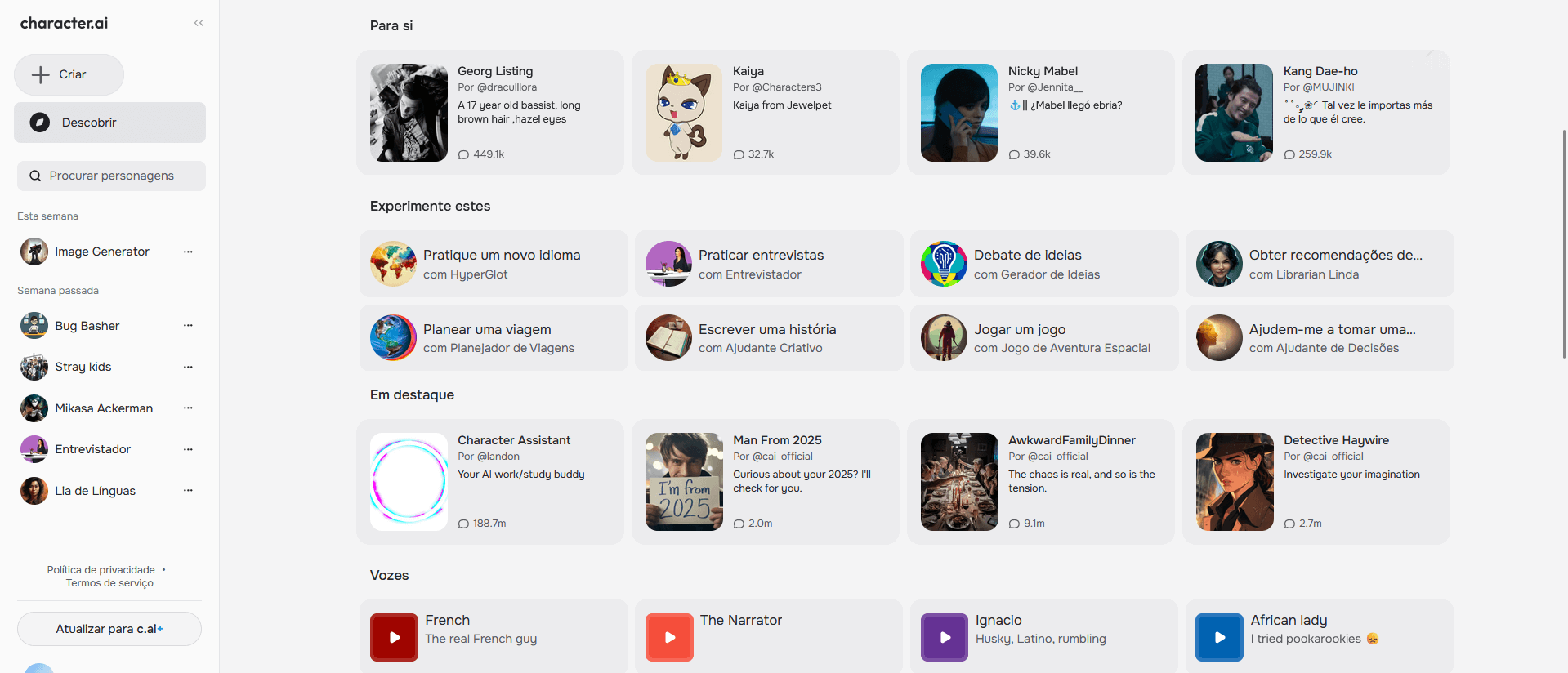 navegação no character ai