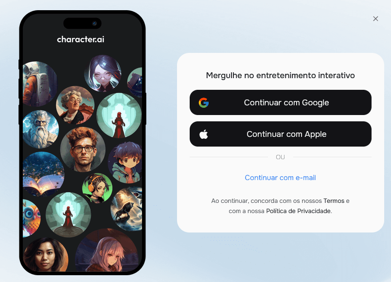 tela de cadastro do character ai