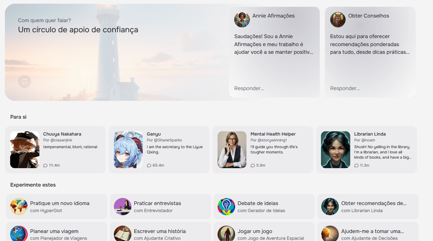 tela inicial do character ai