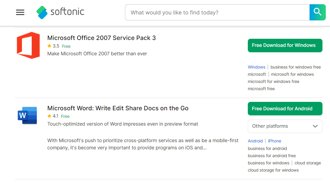 Softonic: اختيار إصدار Office مع الزر الأخضر الصغير