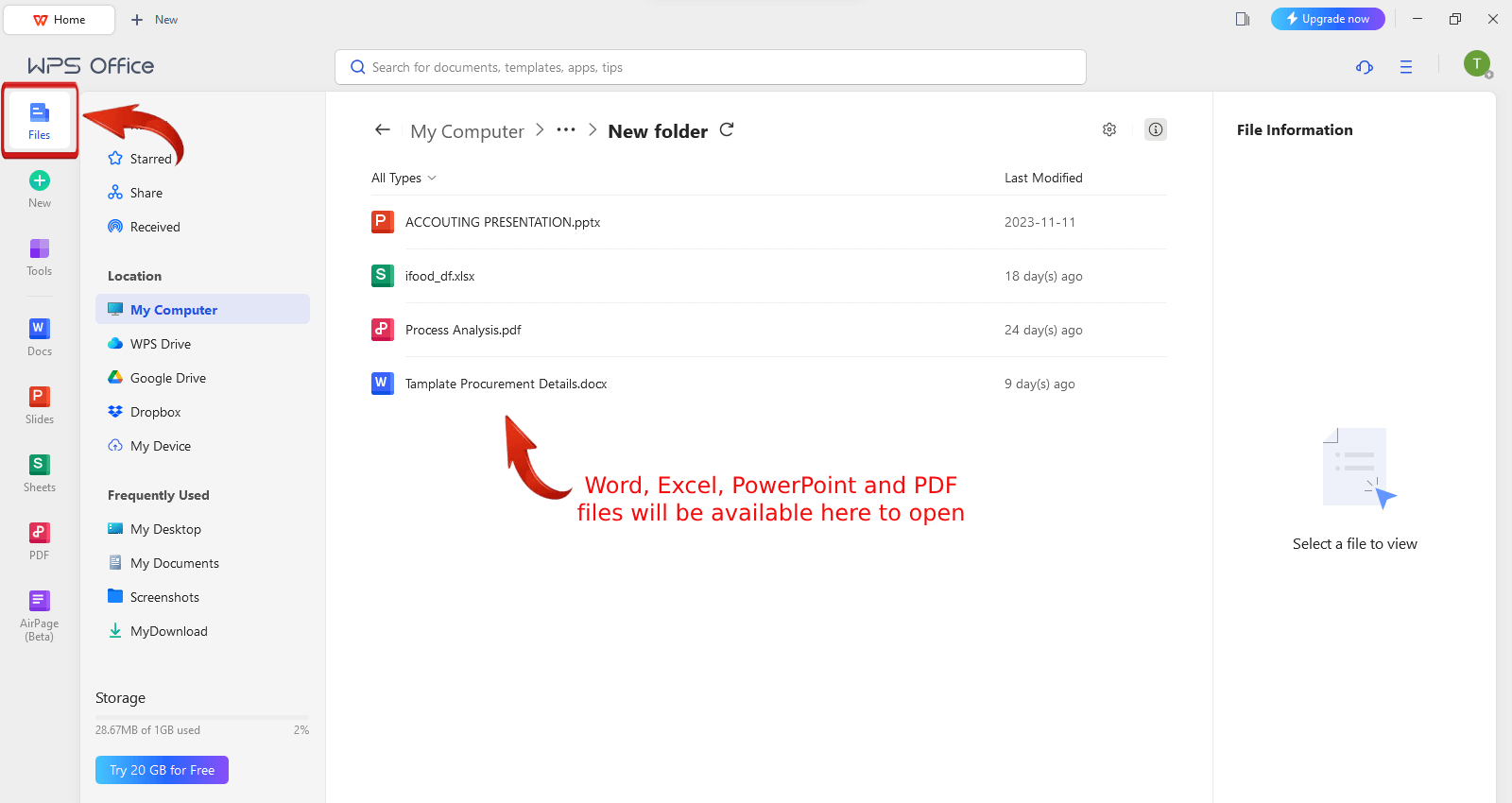 فتح ملف في WPS Office