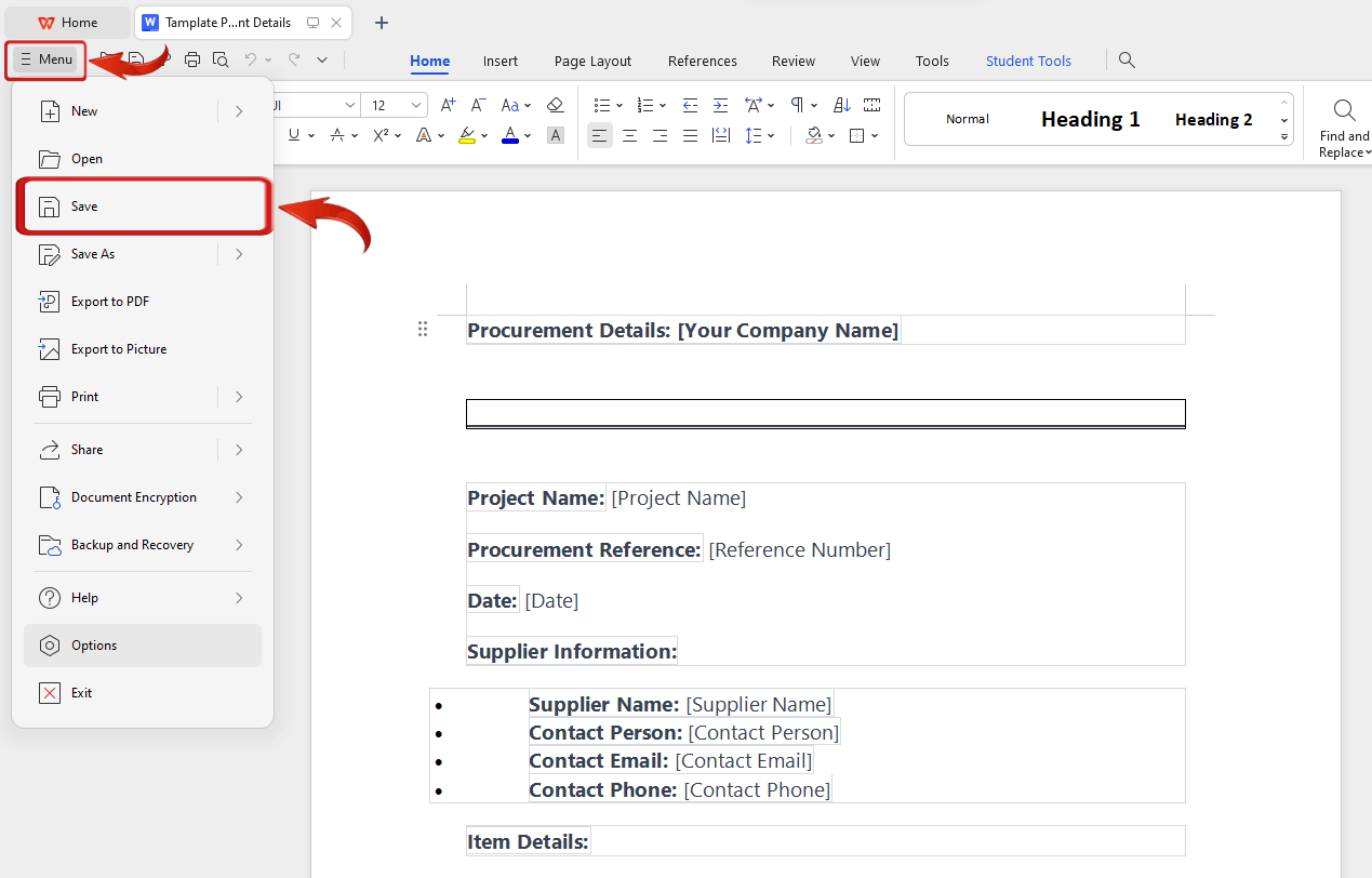 حفظ ملف في WPS Office