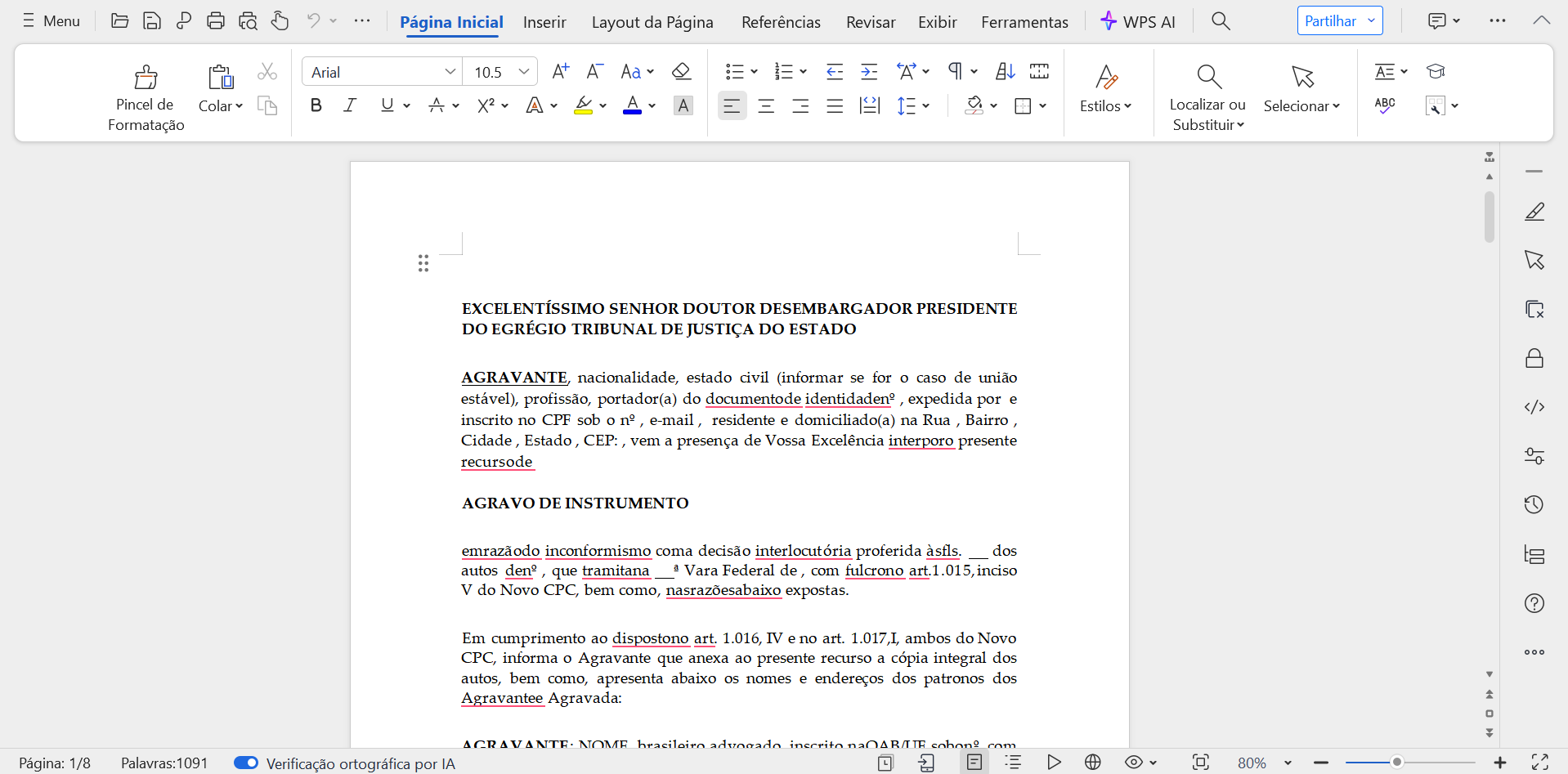 modelo de agravo de instrumento aberto para edição no WPS Office