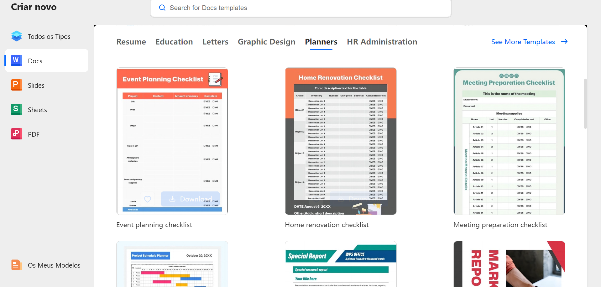 biblioteca de modelos do WPS Office