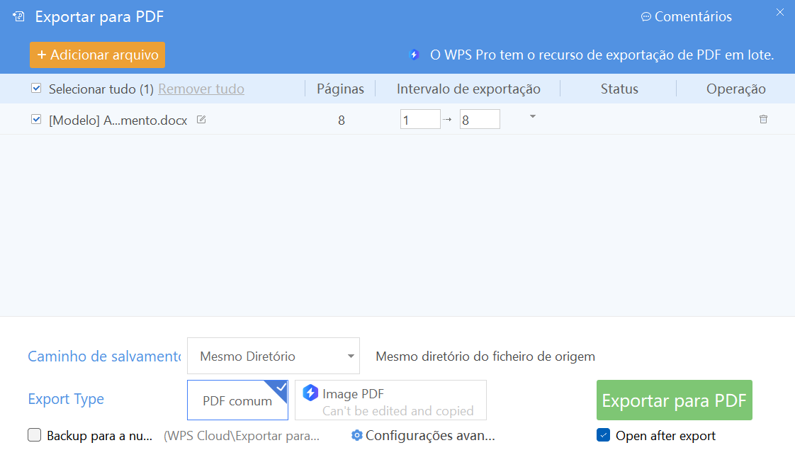 exportando para PDF no WPS Office