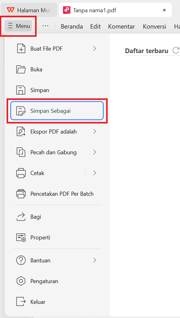 Opsi Simpan sebagai PDF WPS