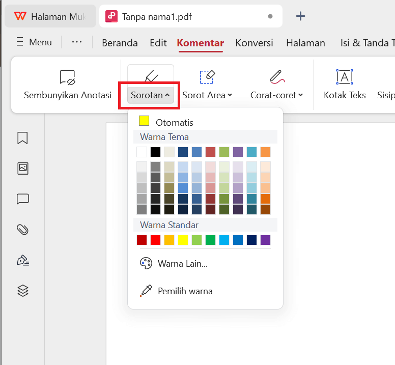 WPS PDF ubah warna sorot