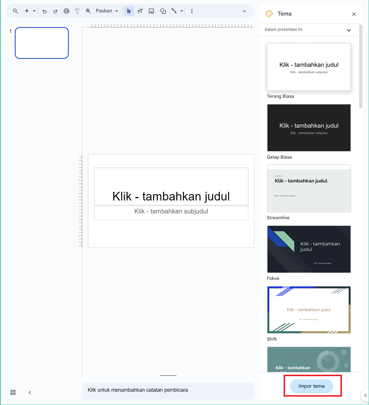 Google Slides impor tema untuk slide