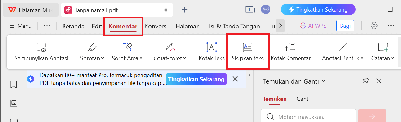 Tombol Komentar Teks PDF WPS