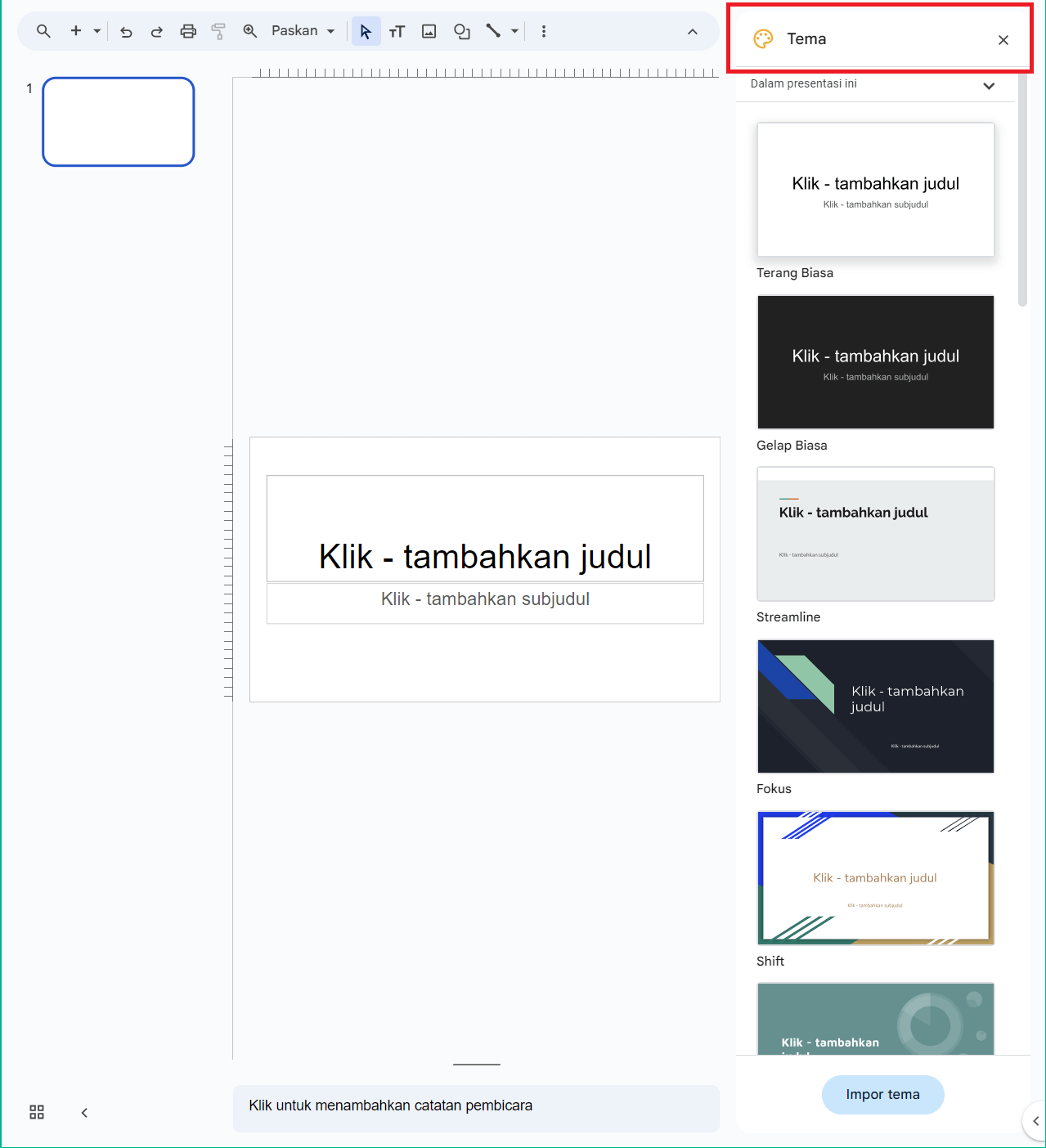Google Slides memilih tema baru untuk slide Anda