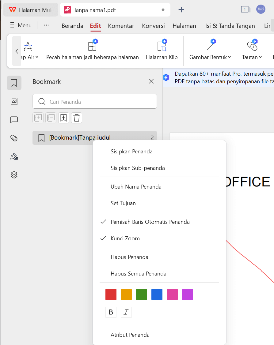 Properti Bookmark di WPS PDF