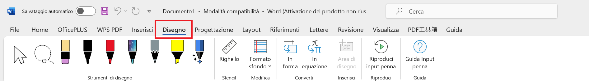 Strumento barra di disegno in Microsoft Word con diverse opzioni